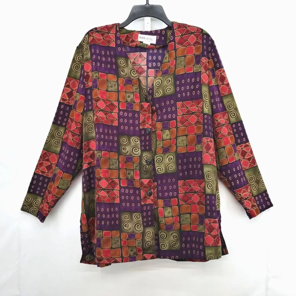 Briggs New York Blouse Women Size 2XL Purple Red Long Sleeve Button Up Top